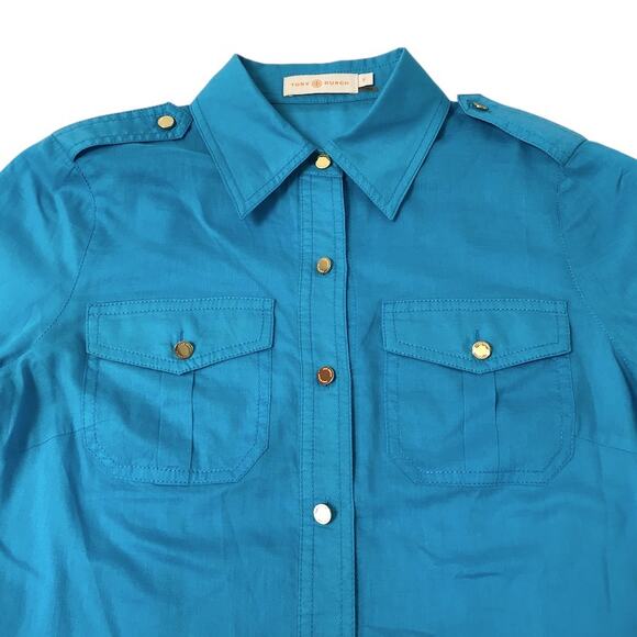TORY BURCH Brigitte Tab Sleeve Button Up Shirt Sz 0 Blue Classic Office Timeless - Picture 4 of 12